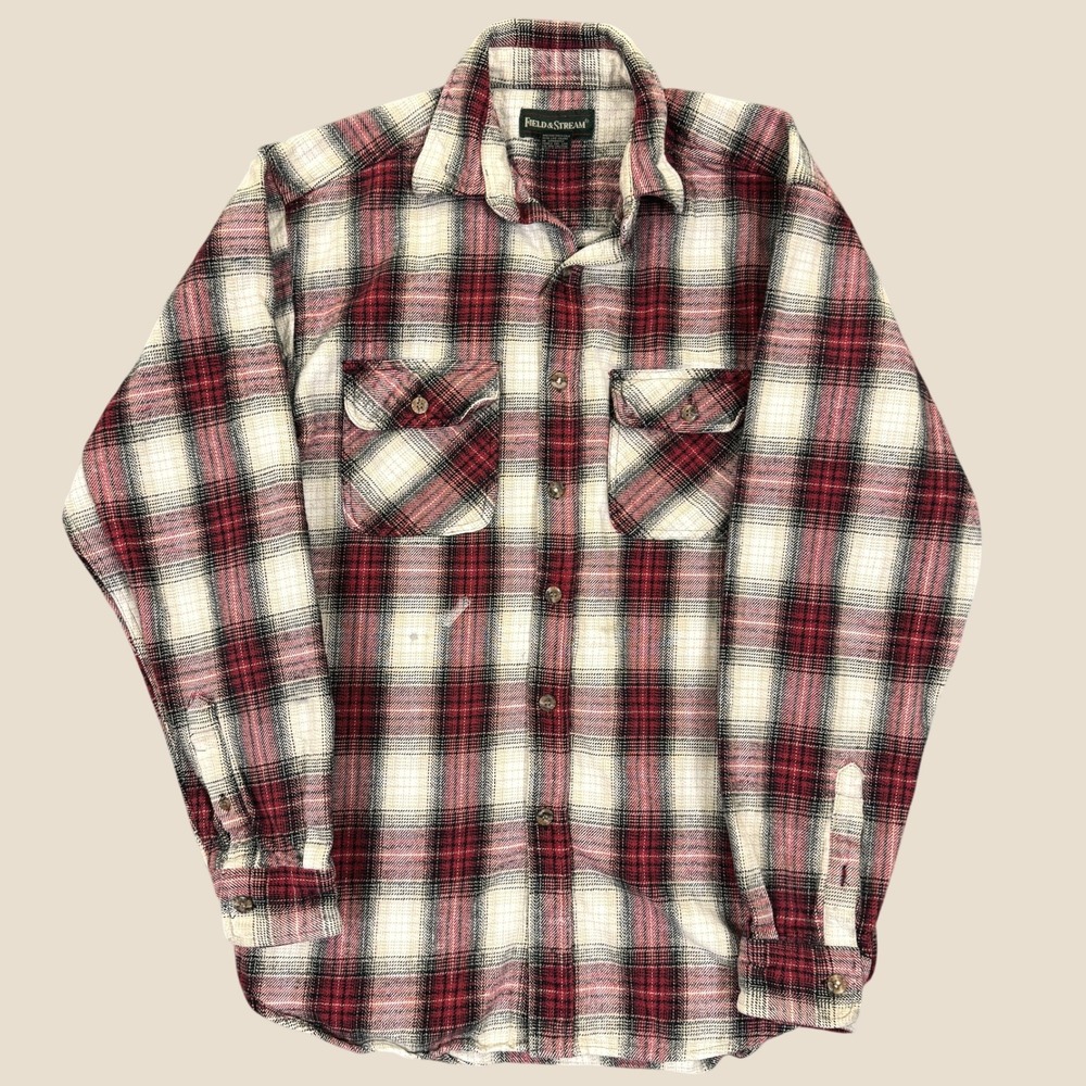 Field & Stream Flannel Shirt Men LT Red Plaid Heavy Cotton Outdoor Long Sleeve